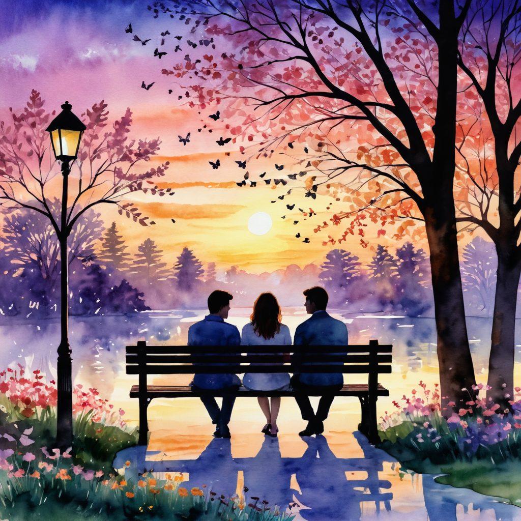 A romantic setting featuring a couple sitting on a park bench, engaged in an intimate conversation under the soft glow of twilight. Their body language is open and inviting, symbolizing trust. Surround the scene with blooming flowers and fluttering butterflies to represent the blossoming relationship. Include subtle heart shapes in the background to emphasize romance. watercolor style. vibrant colors. warm tones.