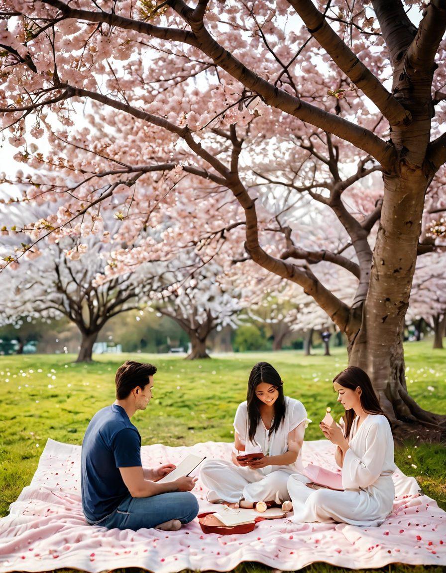 A serene couple sharing an intimate moment under a blooming cherry blossom tree, surrounded by floating heart symbols and soft light beams that symbolize love and emotional wellness. Elements like a journal and candles represent relationship enrichment on a picnic blanket nearby. The scene should capture warmth, connection, and tranquility. vibrant colors. soft focus.